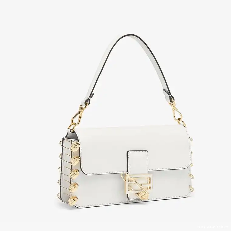 Cheap HOT Leather Calf Brooches Fendi White Baguette Bag Medium In with Pin Fendace 0408